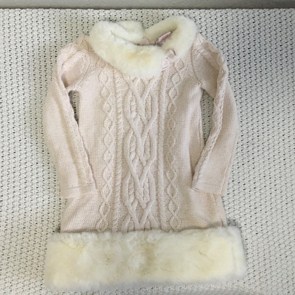 KATHERINE MALANDRINO SWEATER DRESS CREAM WITH FOUX FUR TRIM SIZE 4T